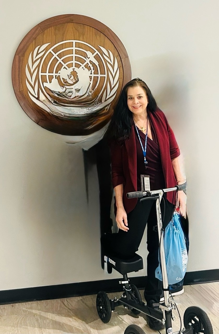 Lisa Anderson in front of UN insignia