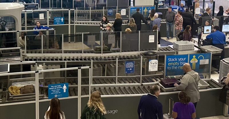 A busy TSA checkpoint at the airport. The US Government is grappling with a partial shutdown.