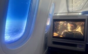 Gladiator plays on the IFE screen in this window seat aboard the 787