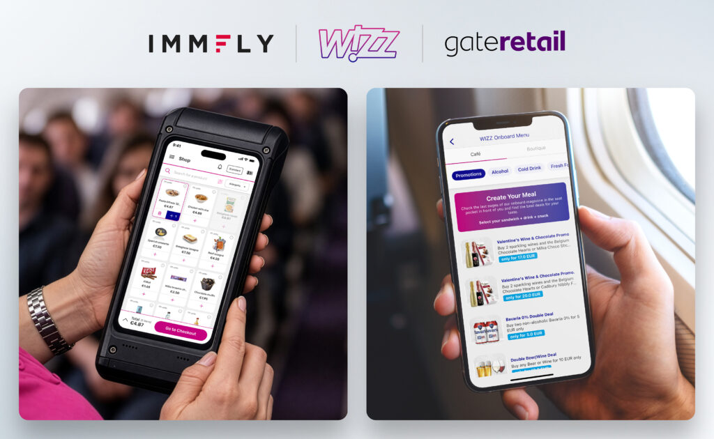 Immfly, Wizz Air, and gateretail digital ap is shown here on a mobile devices and crew device.