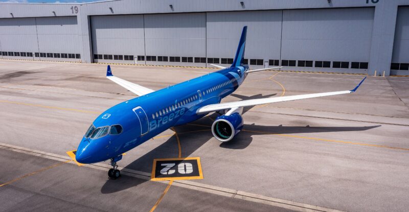 Breeze Airways A220-300 at the hangar.
