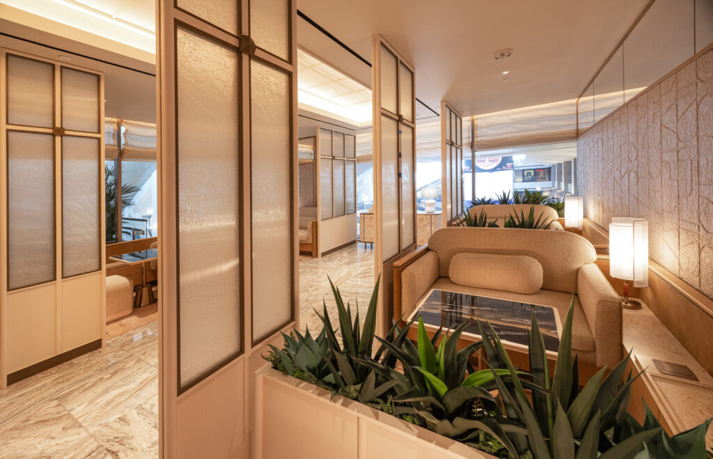 Large sofas in the Korean Air LAX First Class Lounge.