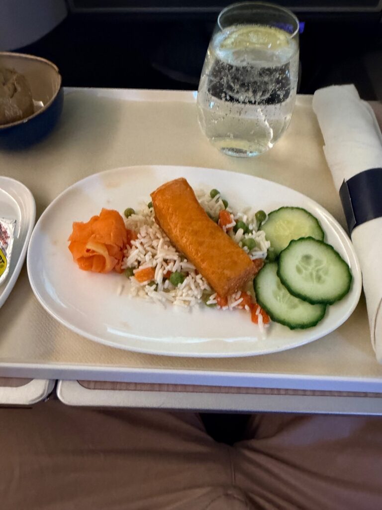 A meal is served to the passenger.