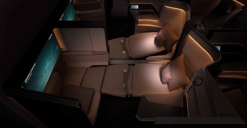 RECARO R7 business class seat in lie-flat mode.