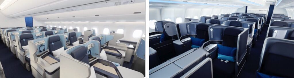 Two images of cabin interiors sit side by side. Left: Edelweiss business class on the A350. Right: Discover business class on the A330.