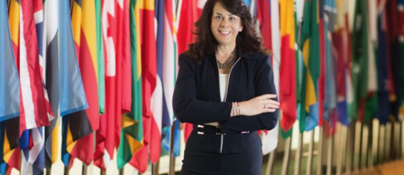 Lisa Anderson in front of the flags of the world at the UN
