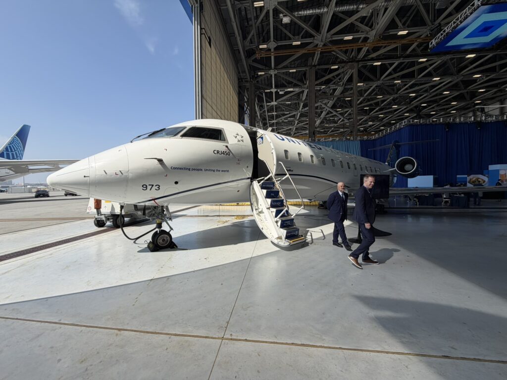 United Airlines CRJ-450 at its LAX hanger during a media event.
