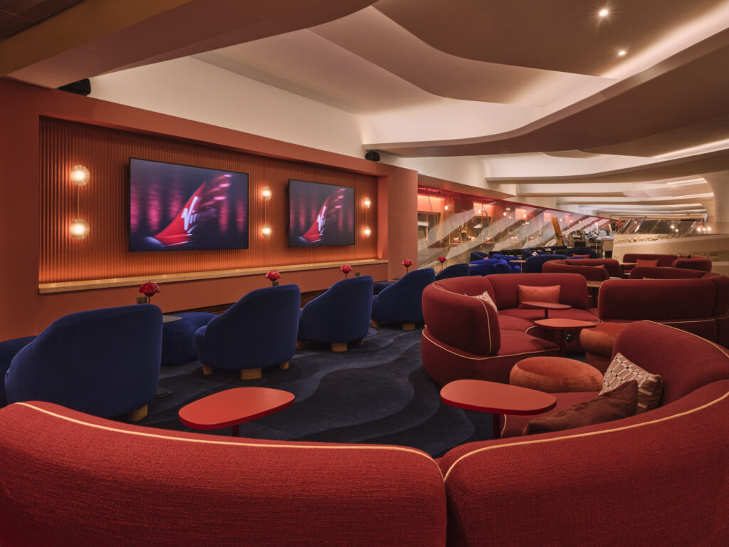Cinema in the Virgin Clubhouse at LHR with sofas and loungers