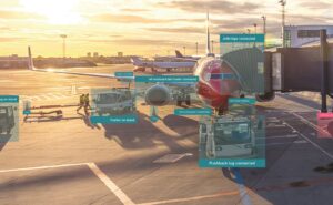 An image of an aircraft at the gate with various Assaia StandManager prompts showing how it faciliates operations.