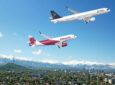 A rendering of Air Astana A320neo and A321neo in flight.