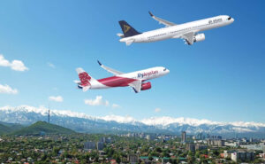 A rendering of Air Astana A320neo and A321neo in flight.