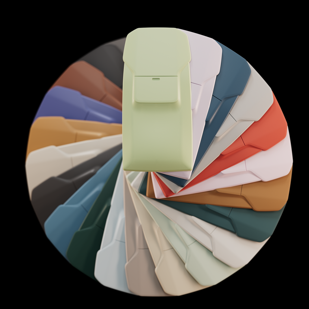 SIMONA Boltaron color wheel showing 22 different colors (each in the form of a seatback) to represent the selection for Terreform. The firm now says it is willing to make Terreform in deeper colors with a lower percentage of recycled content to achieve the desired aesthetic of airlines. 