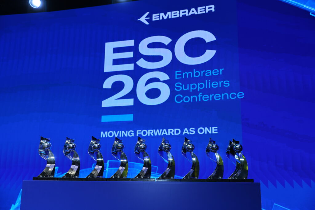 Embraer supplier awards on a table at the event.