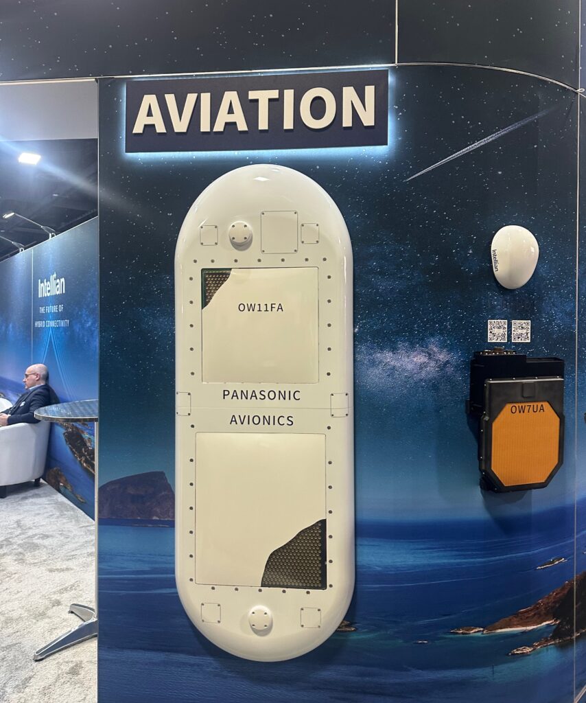 Intellian ESA for Panasonic sits alongside a small L-band aero antenna and a half-duplex ESA for another aero application