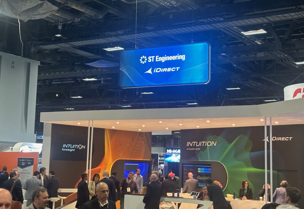 ST Engineering iDirect stand at SATSHow 2026 features Intuition Foresight signage and messaging