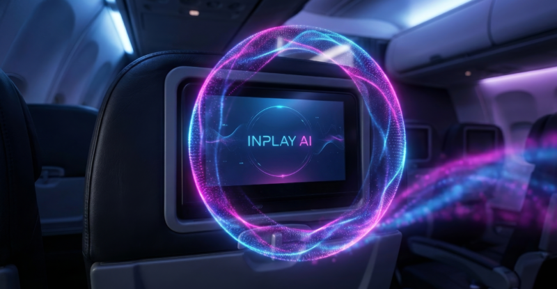 Inplay AI by IdeaNova name and logo is displayed on an IFE screen.