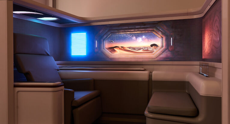 Micro-LEDs wrap around a premium seat to create a deeply immersive experience. Origin demonstrator by RAVE and Safran.