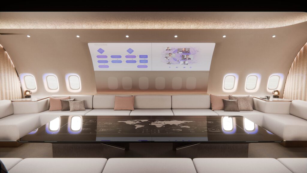 The Bow central lounge on the aircraft. 