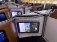 Large IFE screen in United Polaris welcomes the passenger with an on-screen message