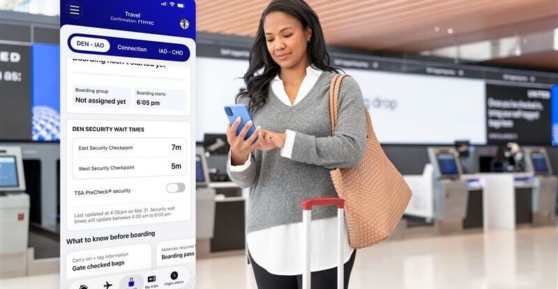 A United passenger is seen here using their mobile device for the new app. A picture of the new app interface is beside them.