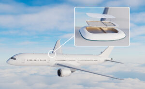 Viasat AERA antenna with an arrow indicating where it will be positioned on an aircraft.