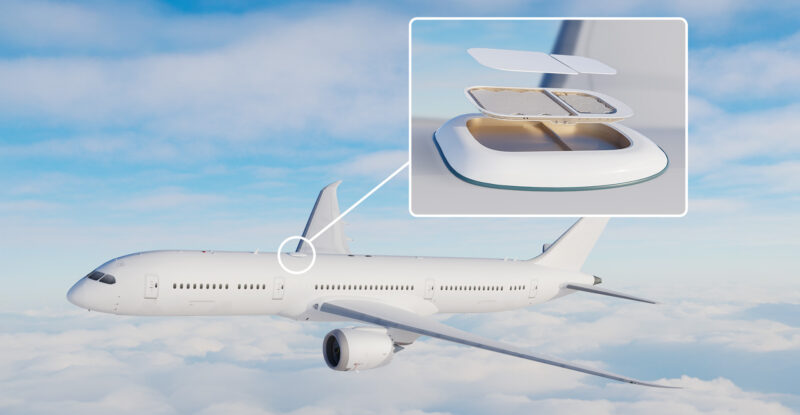 Viasat AERA antenna with an arrow indicating where it will be positioned on an aircraft.