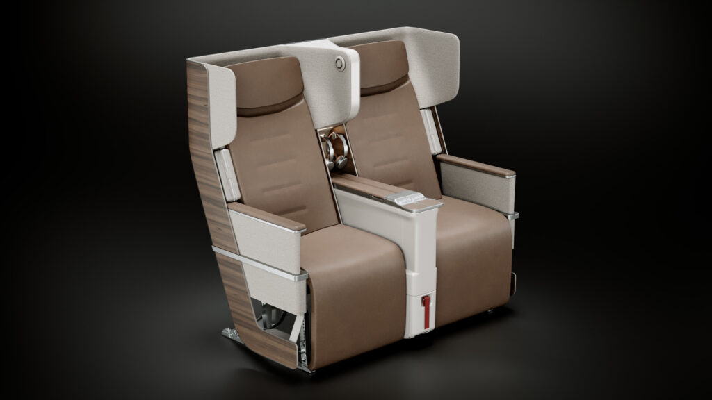 ZIM The Frame aircraft seat in brown tones.