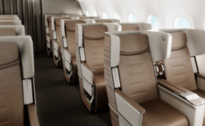 ZIM The Frame aircraft seat in brown tones
