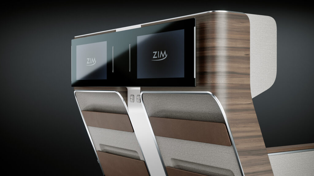 ZIM The Frame aircraft seat in brown tones with the IFE screen