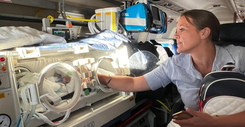 Incubators and associated equipment weigh as much as 200lb. This anxious mom was able to keep physical contact with her baby during the flight. Image: Lia’s Wings