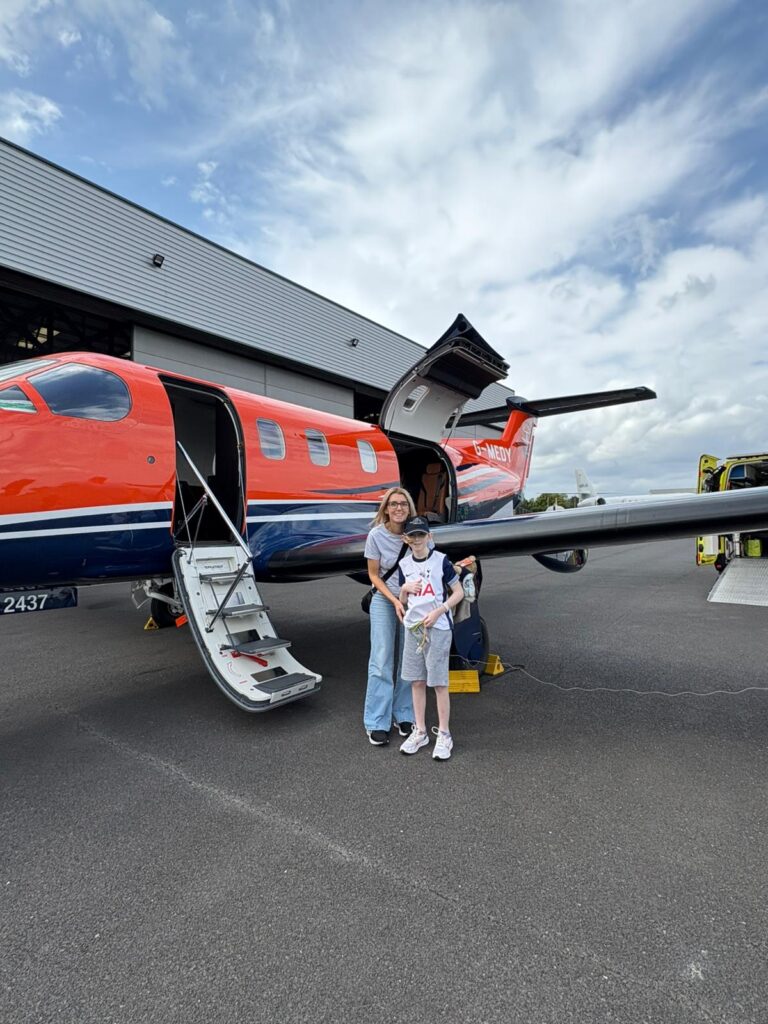 Not all Lia’s Wings’ patients are tiny. This young leukaemia suffer was able to walk onto his PC-12 air ambulance. Image: Lia’s Wings