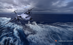Rendering of Deutsche Aircraft turboprop flying over water