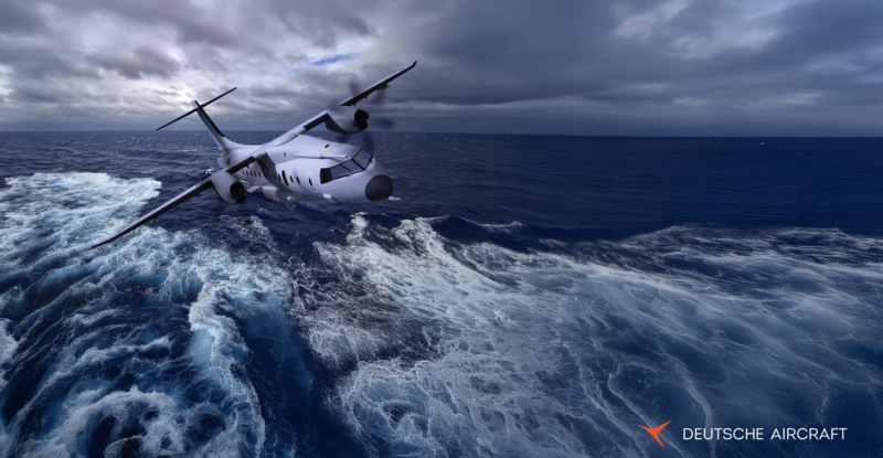 Rendering of Deutsche Aircraft turboprop flying over water