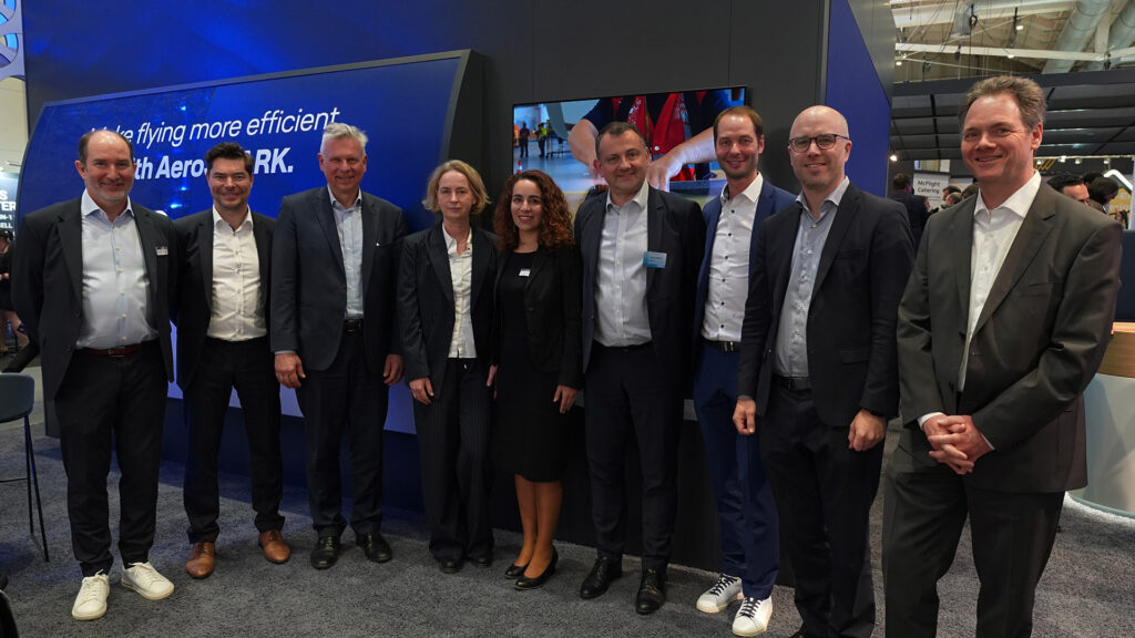 Group picture: (From left to right) Andrew Muirhead, Vice President, OEM & Engineering Services at Lufthansa Technik, Christian Dombrowe, Head of Product Portfolio Management & Development at Airbus, Christian Harten, Head of Technical Management at Airbus, Jaana Dethlefsen, Legal Counsel at Lufthansa Technik, Kawther Badrani, Senior Manager OEM Partnership at Lufthansa Technik, Benoit Lagarde, Senior Vice President Upgrades & Lifecycle Services at Airbus, Soenke Burger, Head of Aerodynamic Optimizations at Lufthansa Technik, Henning Linnekogel, Senior Director OEM Partnership at Lufthansa Technik, Joern Dahmen, Senior Director Special Engineering Services at Lufthansa Technik.