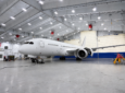 BBJ 787 in the hangar at Moses Lake
