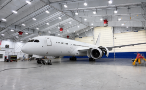 BBJ 787 in the hangar at Moses Lake
