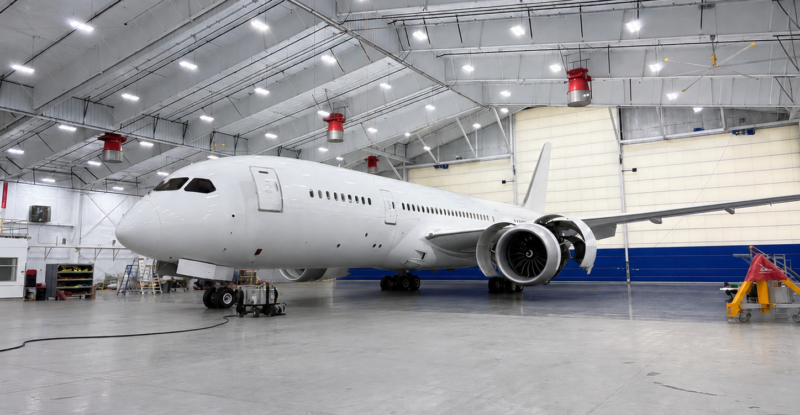 BBJ 787 in the hangar at Moses Lake