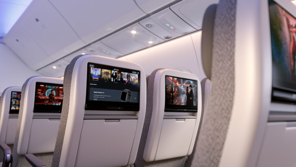 Rich information can be shown alongside content options on the seatback. This rendering shows the Harmony oGUI n multiple seatbacks.