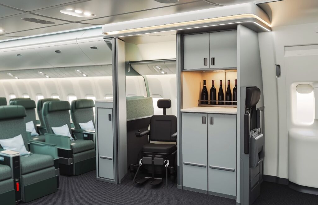 Rendering of Collins Aerospace Prime for a widebody aircraft; the wheelchair would be stored in a closet, near the Disabled passenger, who would be seated, in this instance, in premium economy 
