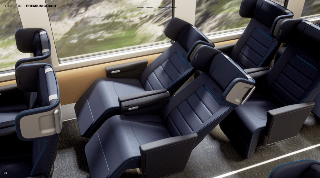 Amtrak Premium Coach class; seat duos are in the recline mode