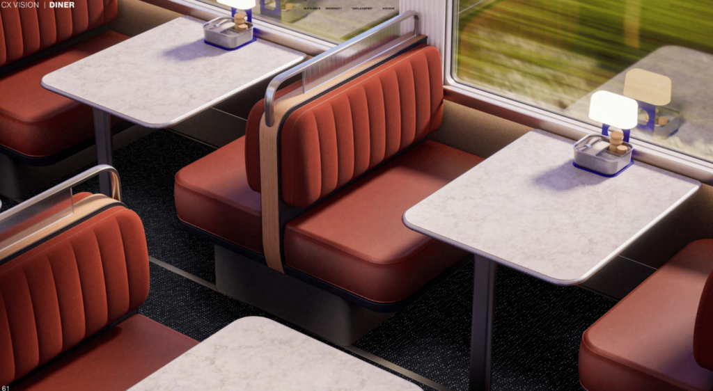Amtrak dining car is a brightly lit space with booths.