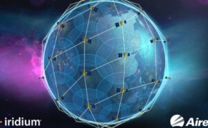 Rendering of Iridium NEXT constellation with Aireon payloads. Both firms' names and logos are beneath the image.