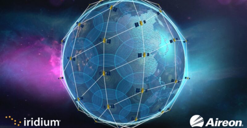 Rendering of Iridium NEXT constellation with Aireon payloads. Both firms' names and logos are beneath the image.