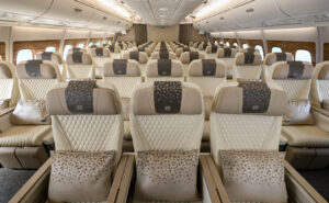 Emirates Premium Economy, configured 2-3-2 on the upper deck of the A380 aircraft.