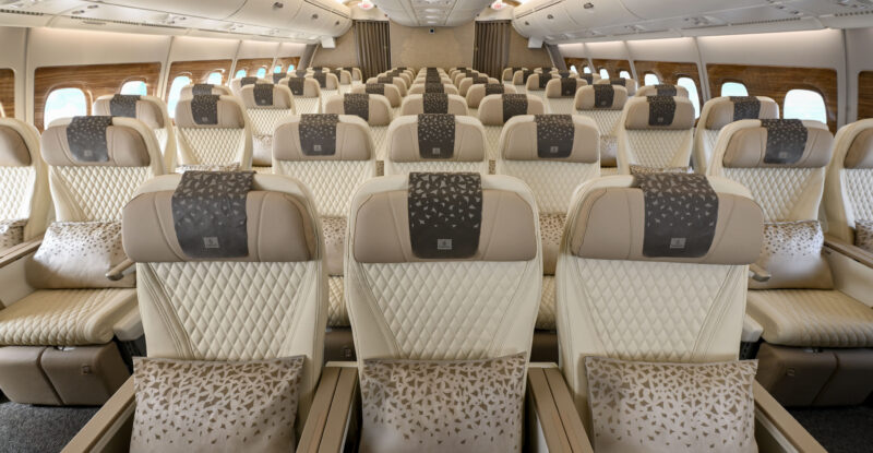 Emirates Premium Economy, configured 2-3-2 on the upper deck of the A380 aircraft.