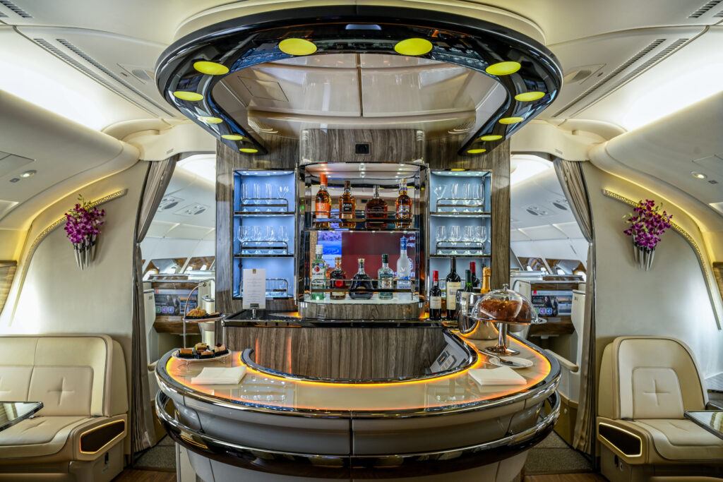 The onboard lounge in the newly retrofitted Emirates A380.
