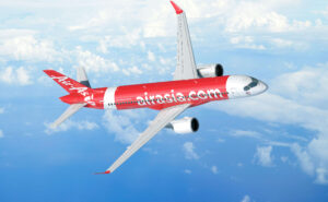 AirAsia Airbus A220-300 in flight. The airline today purchased 150 of the type but vowed to buy a stretched version should Airbus build the A220-500