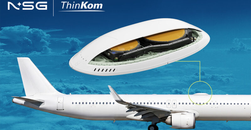 A twinjet is fitted with the ThinKom ThinAir Ka2517 antenna, NSG and ThinKom signage is above it