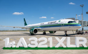 Saudia first A321XLR with block letters in front of it saying 1st A321XXLR