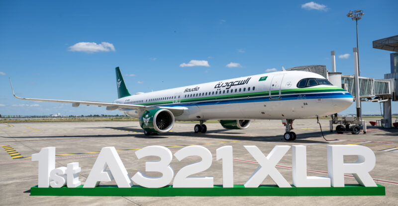Saudia first A321XLR with block letters in front of it saying 1st A321XXLR